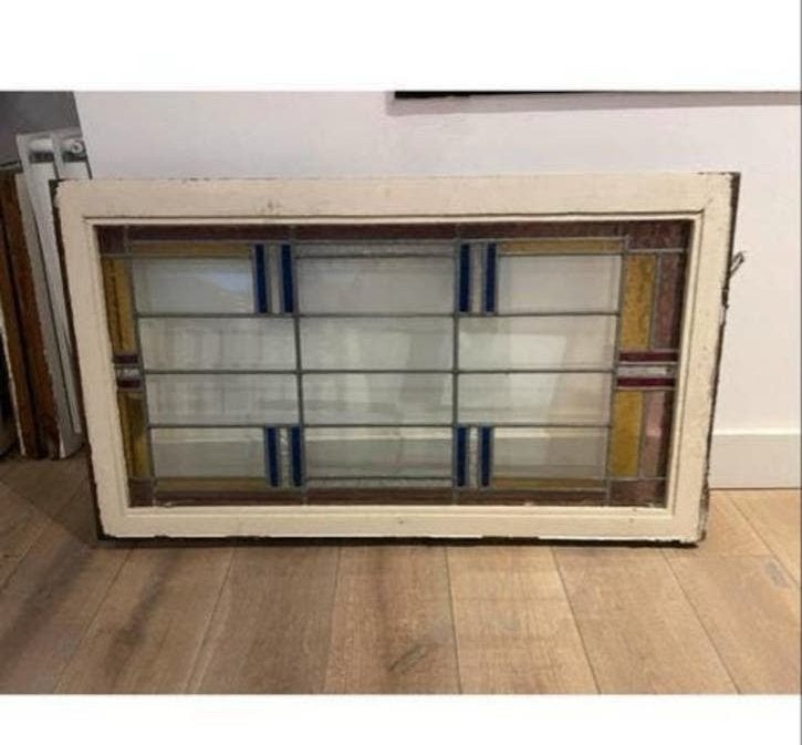 Glas in lood raam met kozijn., Ophalen, Gevelraam of Ruit, Gebruikt, Minder dan 80 cm