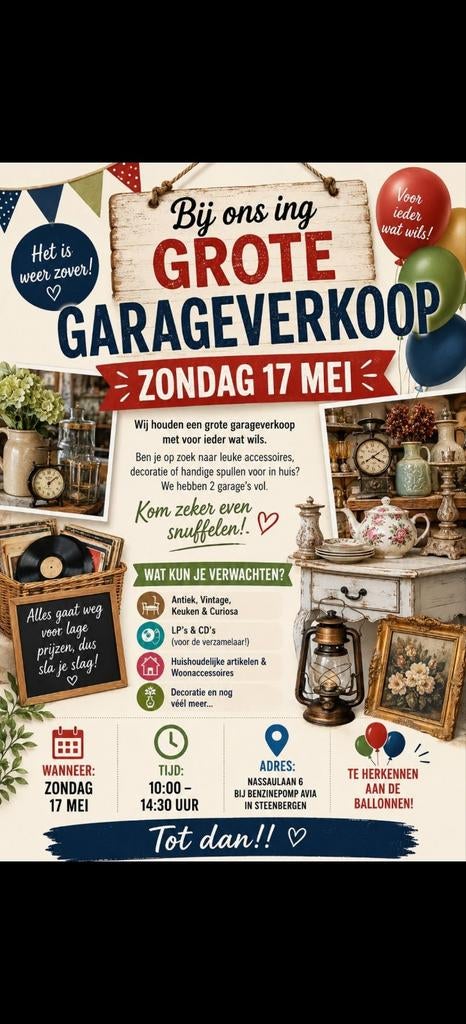 zondag 17 mei Garage sale Bij ons ing, Diversen, Rommelmarktspullen, Ophalen, Zo goed als nieuw