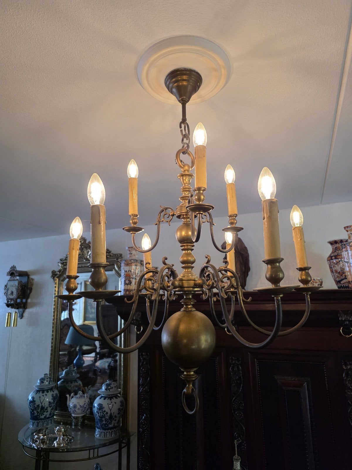Antieke Messing Kroonluchter met 8 Lichtpunten, Ophalen