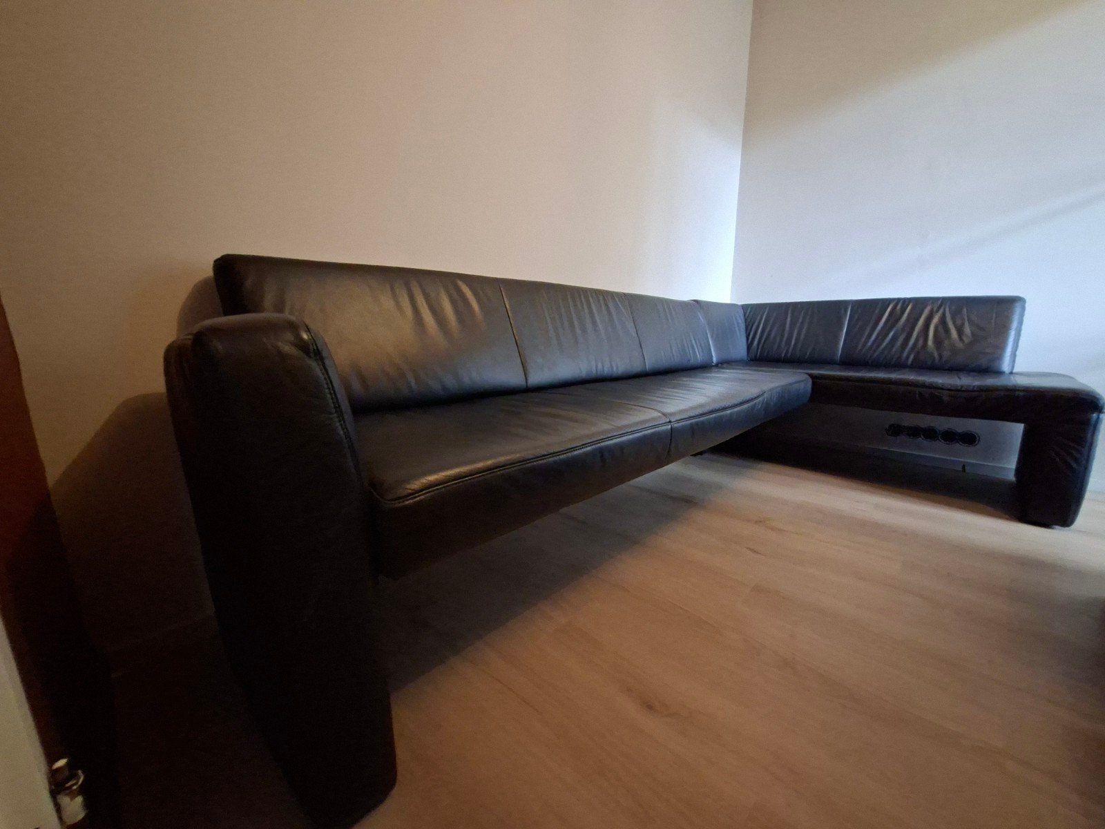 Zwarte leren hoekbank / eetkamerbank - 280x150x84cm, Ophalen, 250 tot 300 cm, Gebruikt, 100 tot 125 cm
