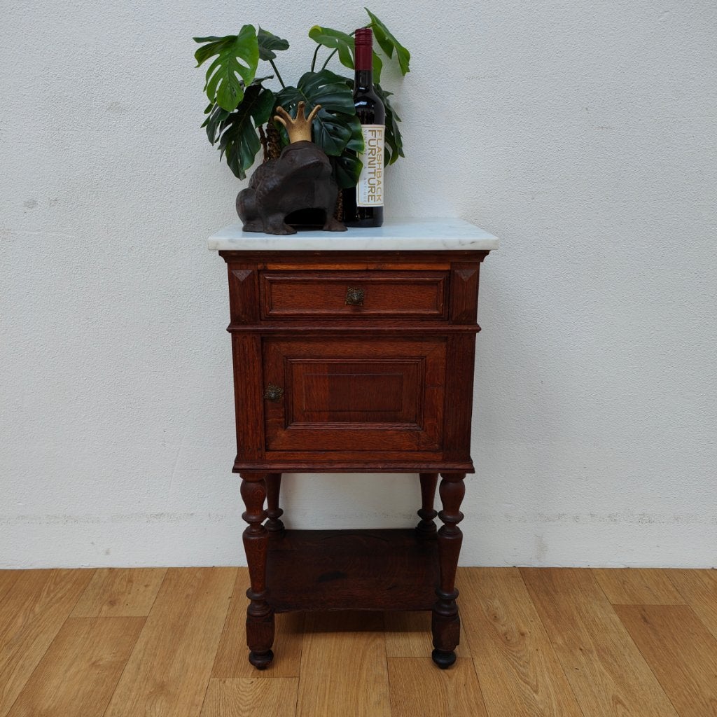 Vintage Antiek nachtkastje bijzetkastje met marmer blad 012, Valkenswaard, Gebruikt, Minder dan 45 cm, Info@flashbackfurniture.nl