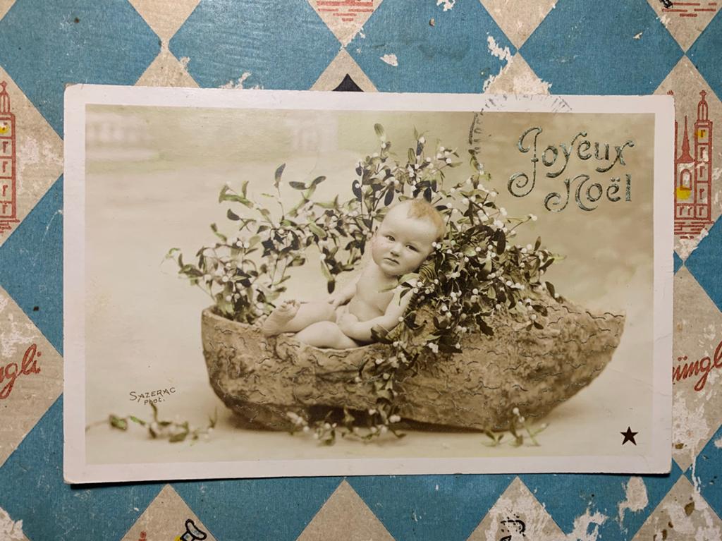 Joyeux Noël - baby in klomp, maretakken (EL), Ophalen of Verzenden, Voor 1920, Gelopen, Feest(dag)
