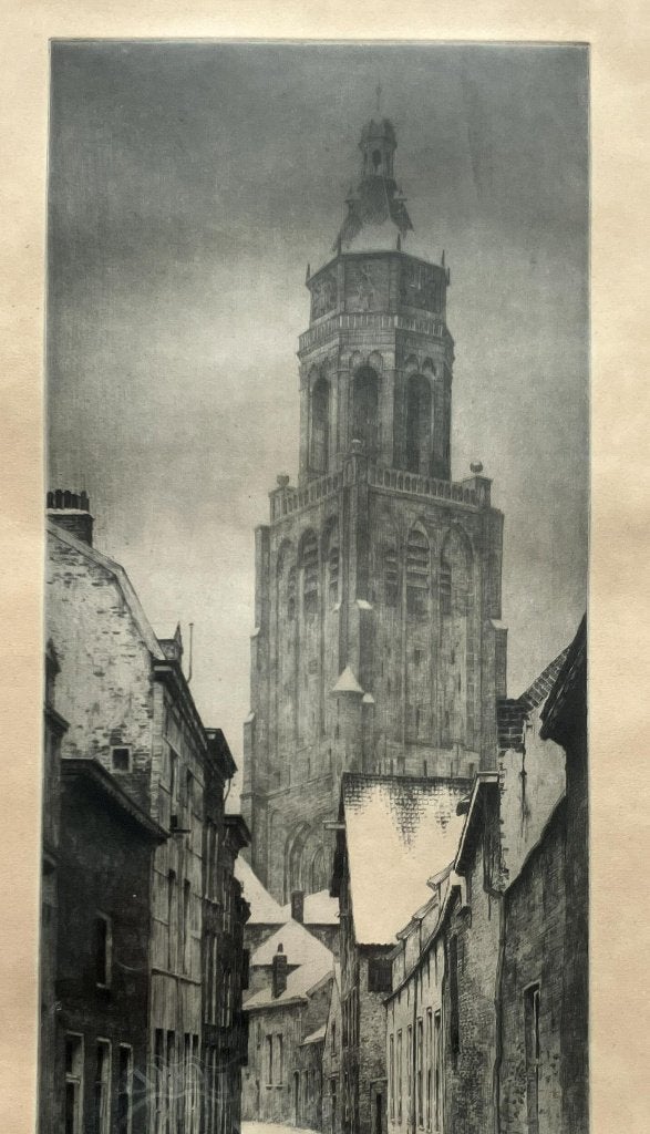 Ets Trompetsteeg zicht op Eusebiuskerk Arnhem Piet v Dokkum, Gesigneerd, Ets, Stadsgezicht, Ophalen of Verzenden