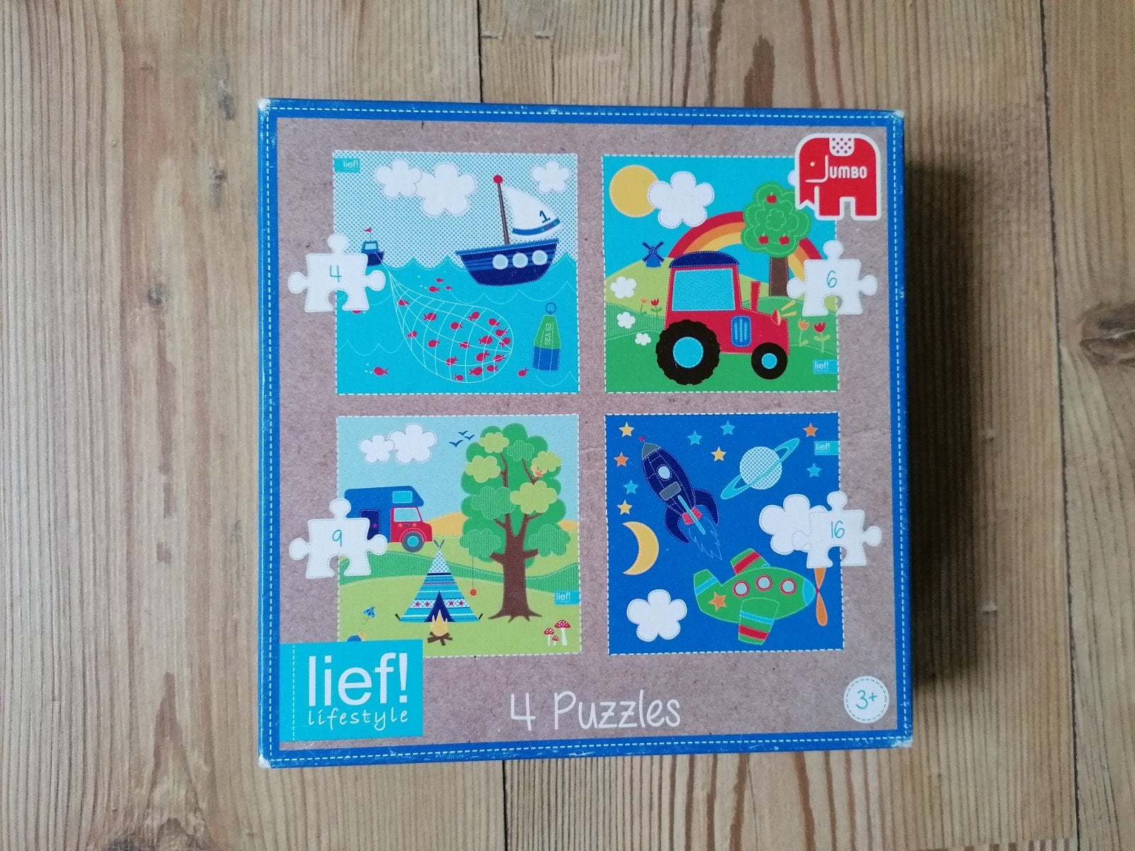 4 in 1 puzzel, voertuigen, Jumbo, Ophalen of Verzenden, 10 tot 50 stukjes, Gebruikt