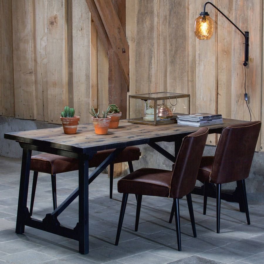 Robuuste houten eettafel met metalen onderstel 220x90, Ophalen, Zo goed als nieuw