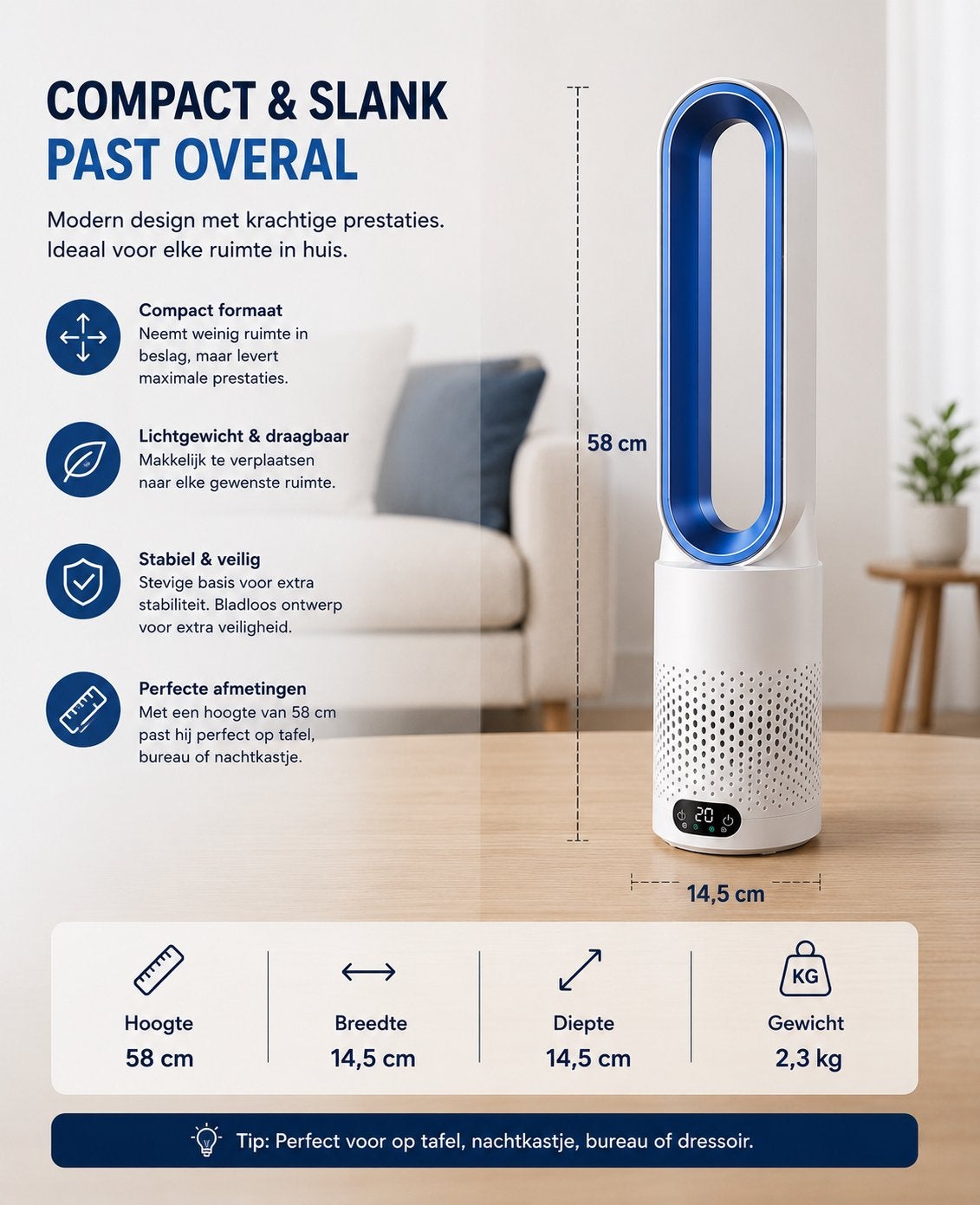 Bladloze Torenventilator met Luchtzuivering en HEPA-filter, Ophalen of Verzenden, Nieuw, Luchtreiniger
