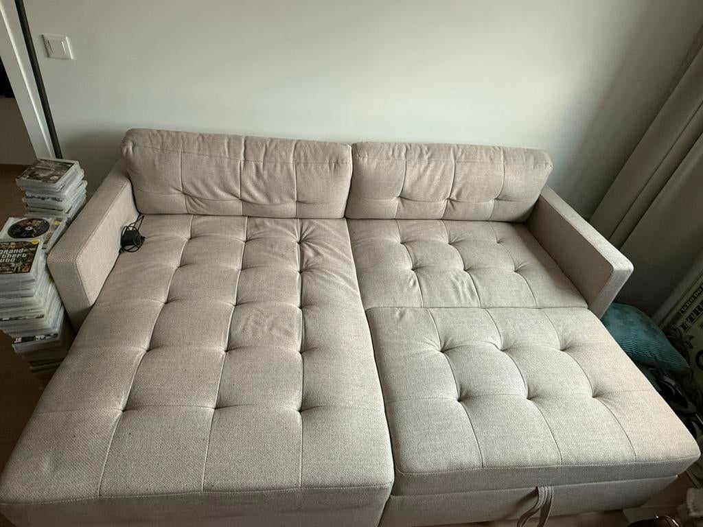 Zo goed als nieuwe slaapbank 140x200 met topper, Huis en Inrichting, Ophalen, Beige, Tweepersoons, 140 cm