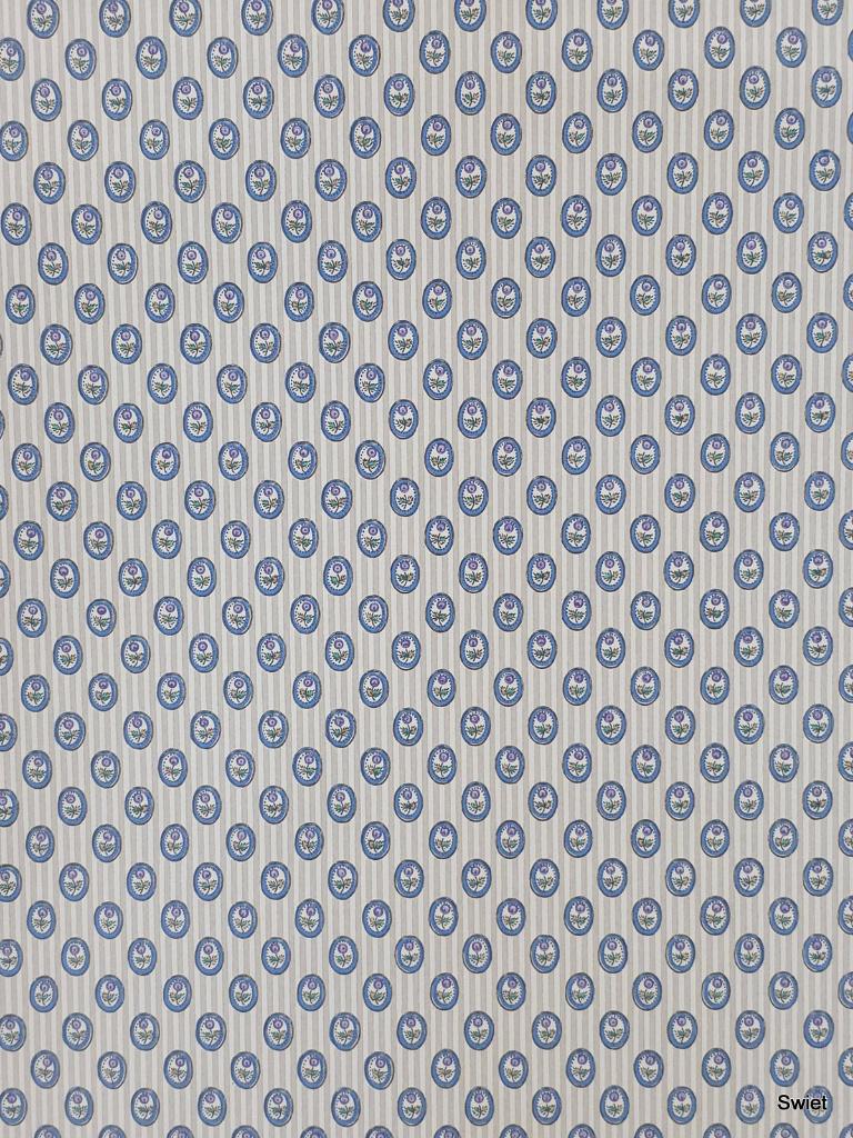 5436 fijn 70s behang met blauwe medaillons en bloemen swiet, Huis en Inrichting, Stoffering | Behang, Verzenden, Minder dan 10 m²
