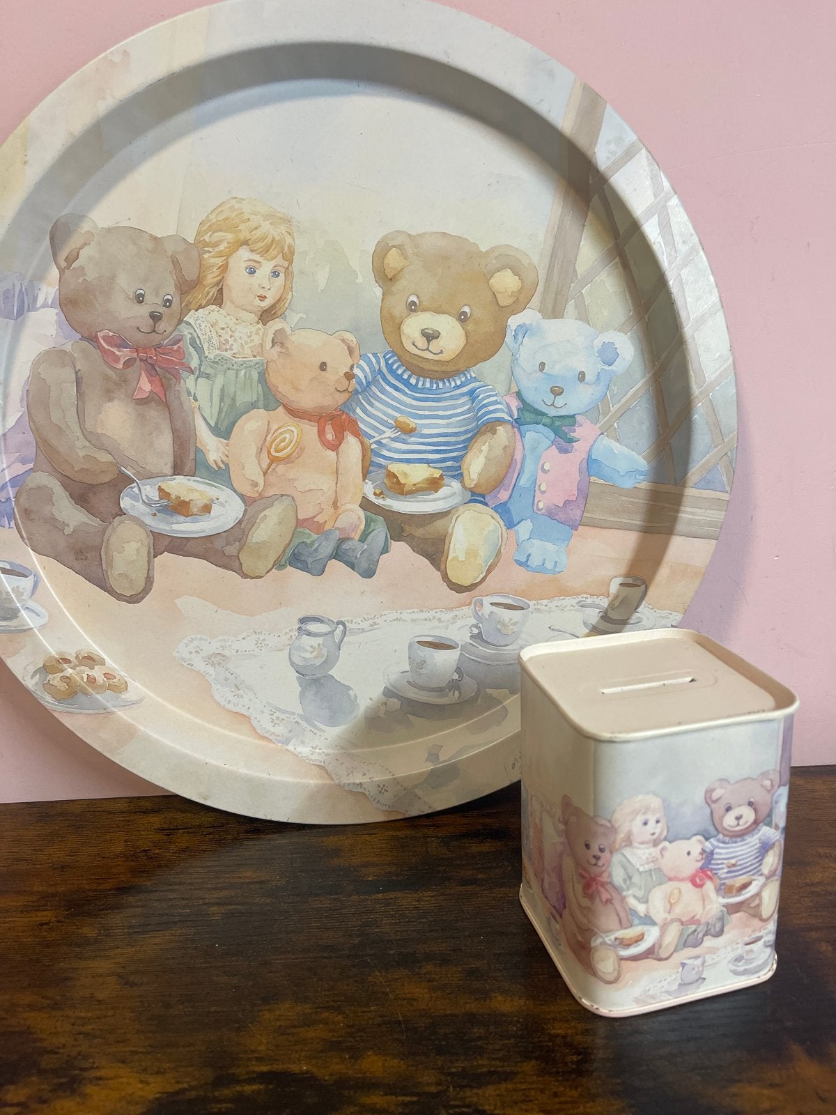 Vintage dienblad en spaarpot met beren en poppen, Ophalen of Verzenden, Gebruikt