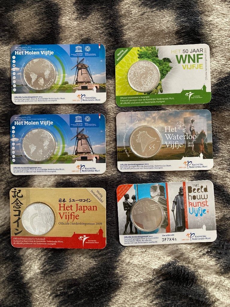 6x vijfjes zwaar verzilverd, Ophalen of Verzenden, Koningin Beatrix, Euro's, Losse munt