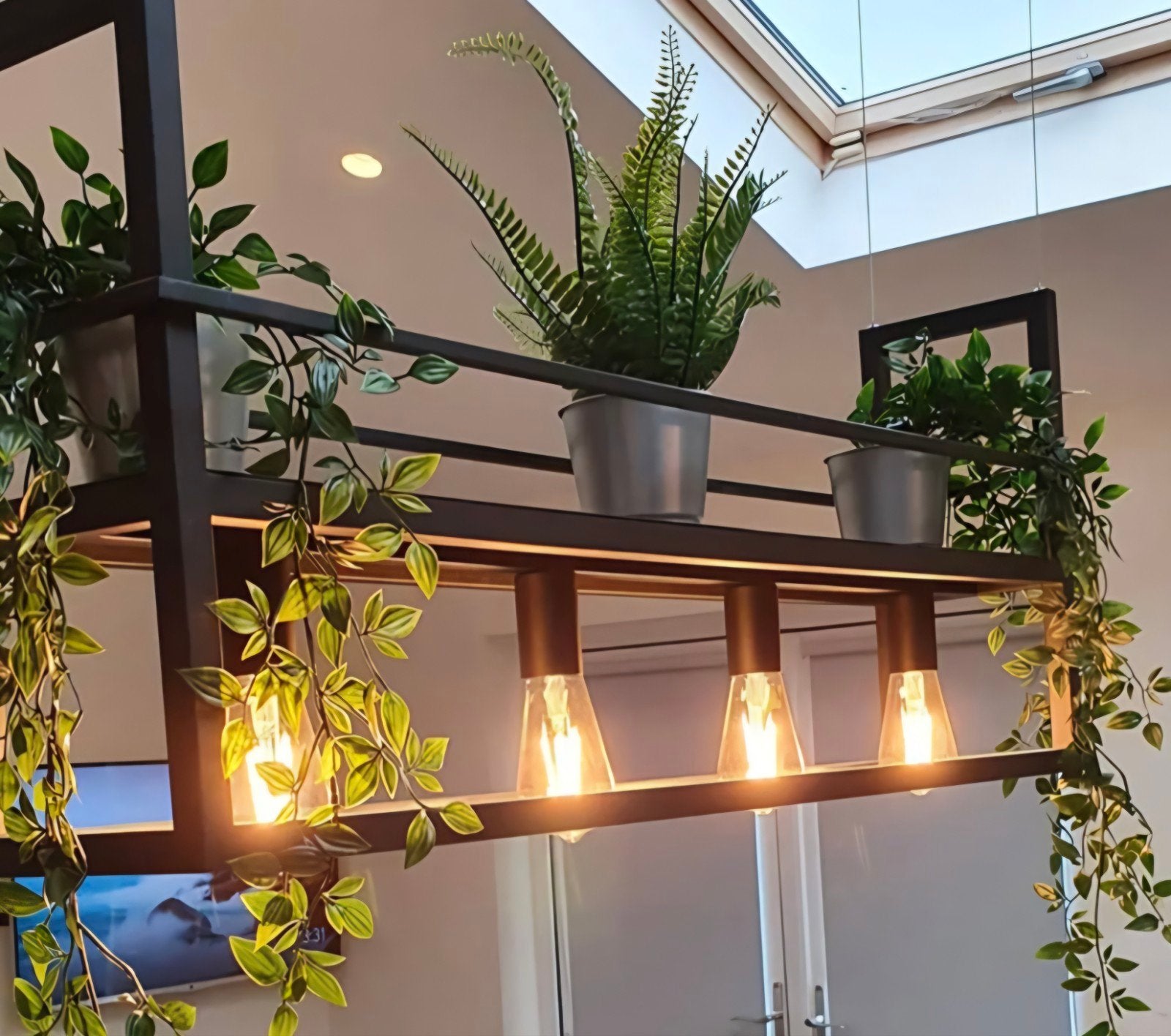 Moderne zwarte hanglamp met rek - 4 lichts, Ophalen, Modern, Industrieel, E27 (groot), Zo goed als nieuw