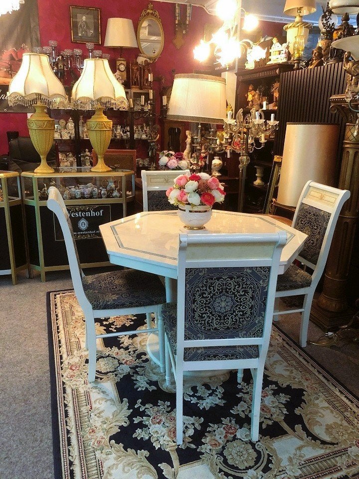 Eettafel + 4 stoelen Italiaanse klassiek crème, barok blauw, Ophalen, Gebruikt, Overige materialen, Klassiek