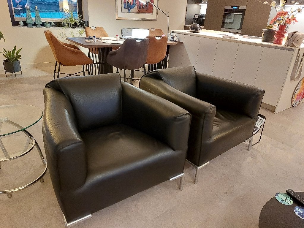 Bert Plantagie 2 Fauteuils zwart leer (Monty), Ophalen, Zo goed als nieuw, 75 tot 100 cm, Modern