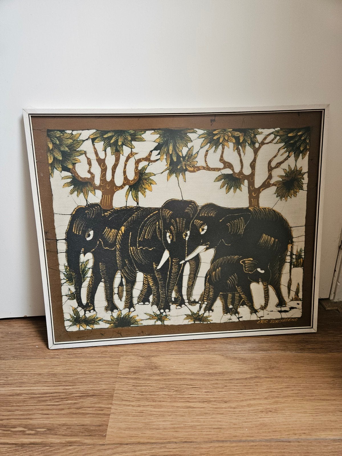 Batik schilderij van olifantenfamilie, Ophalen of Verzenden