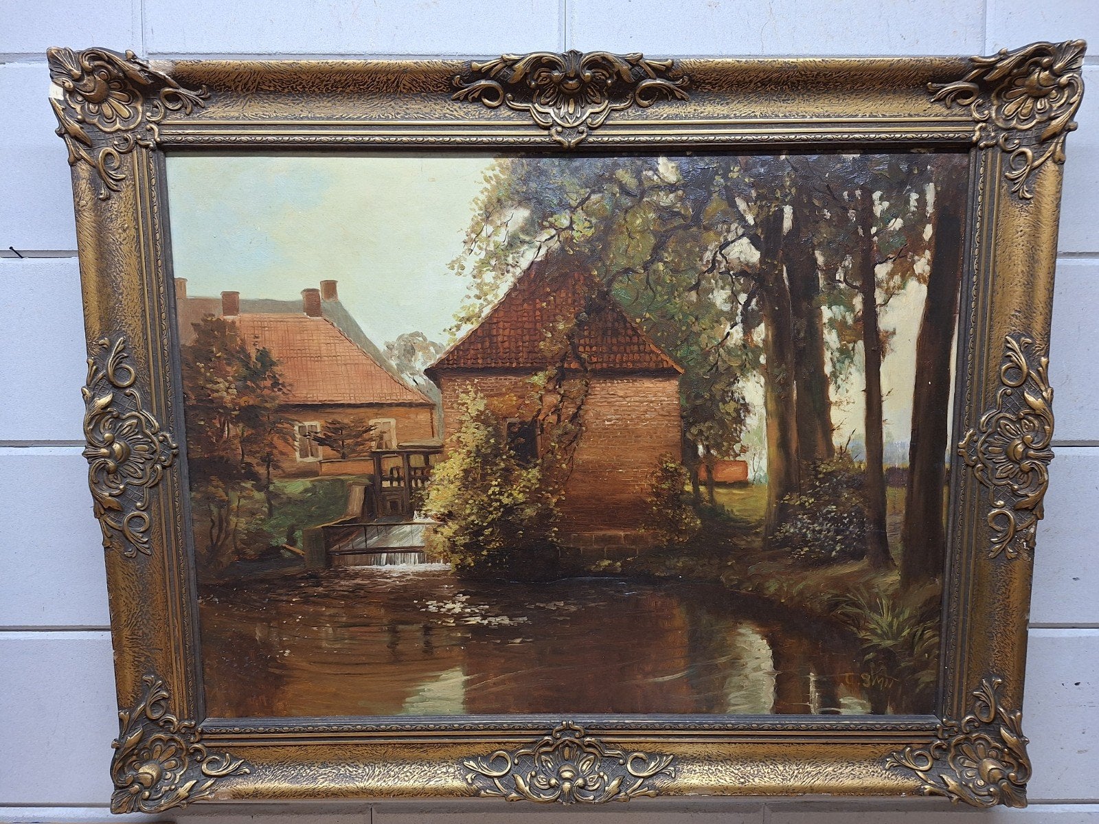 Olieverfschilderij watermolen, gesigneerd C. Smit, Ophalen of Verzenden, Origineel werk