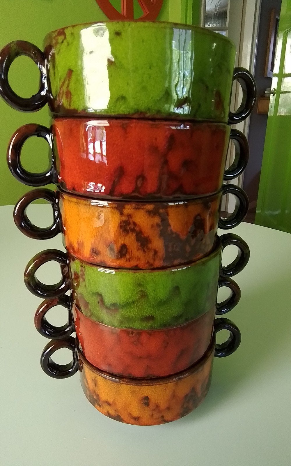 💐6 VINTAGE SOEPKOMMEN FAT LAVA ORANJE ROOD GROEN MET BRUIN, Ophalen of Verzenden