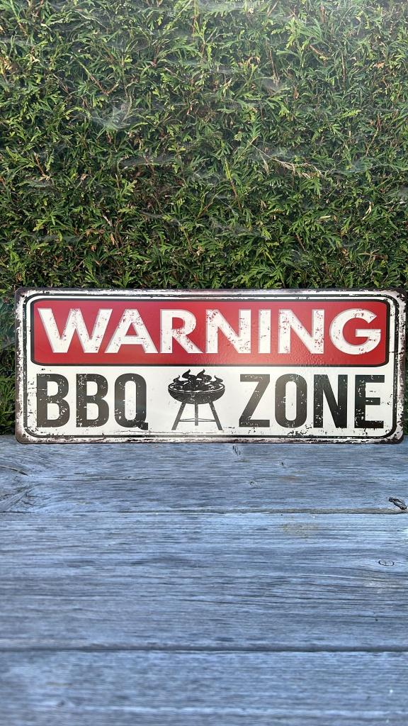 Decoratief tekstbord warning bbq zone metaal, Ophalen of Verzenden, Nieuw