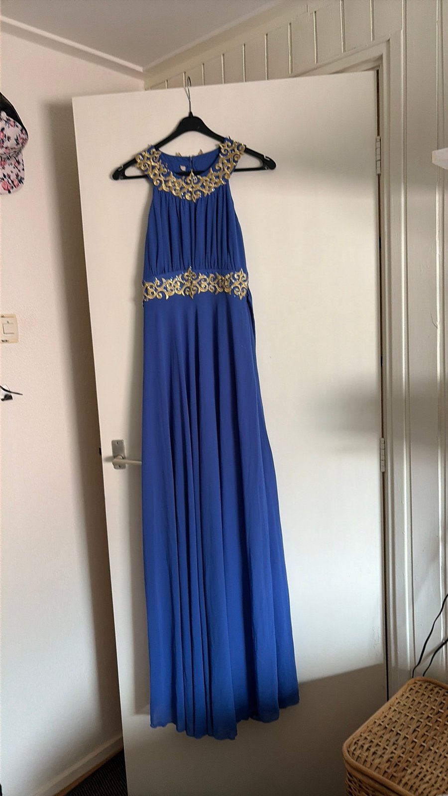 Gave lange blauwe jurk mt s/m, Kleding | Dames, Ophalen of Verzenden, Zo goed als nieuw, Blauw, Onder de knie