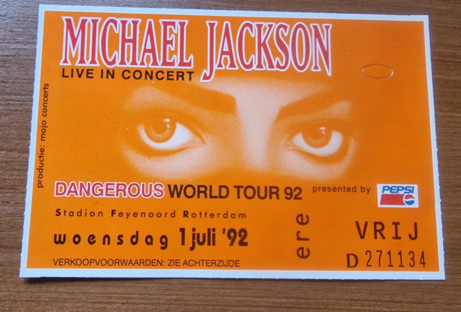 Michael jackson concert ticket Dangerous World Tour Oranje, Verzenden, Zo goed als nieuw, Foto of Kaart