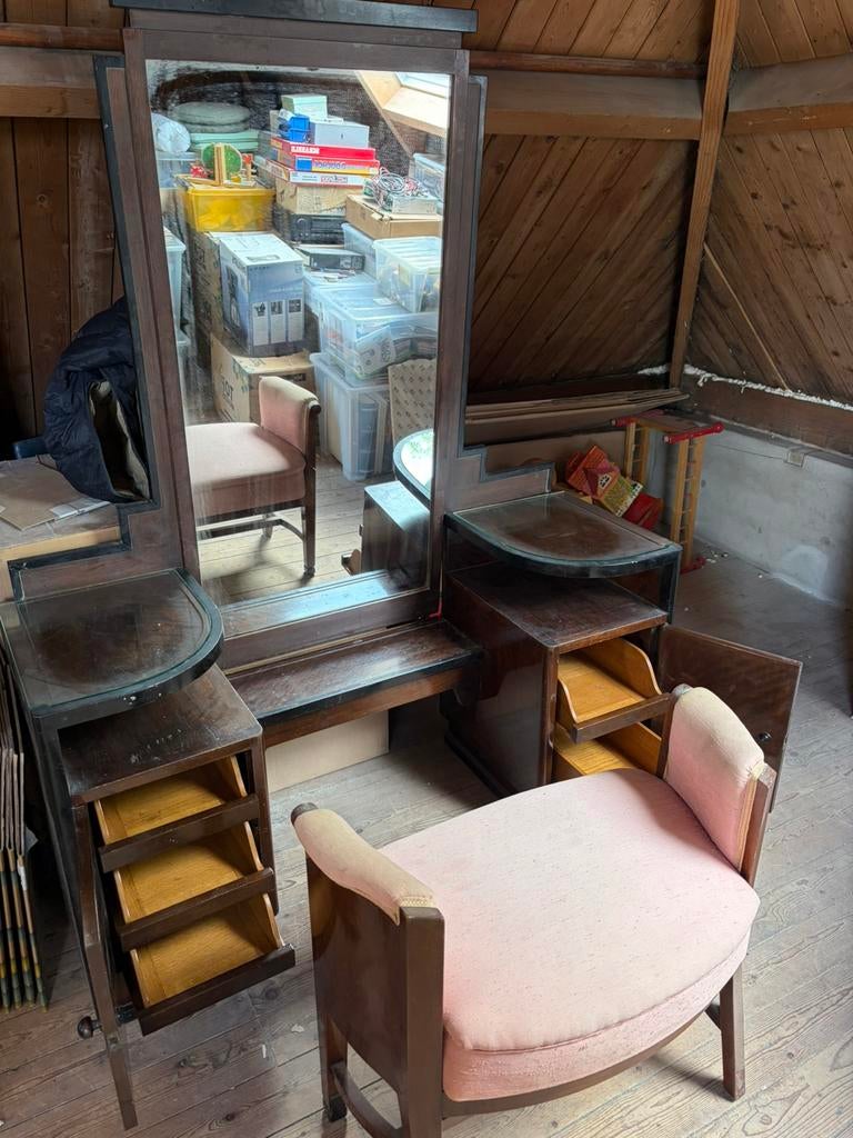 Art deco kaptafel met spiegel en krukje, Ophalen, Gebruikt, 100 tot 150 cm, Klassiek