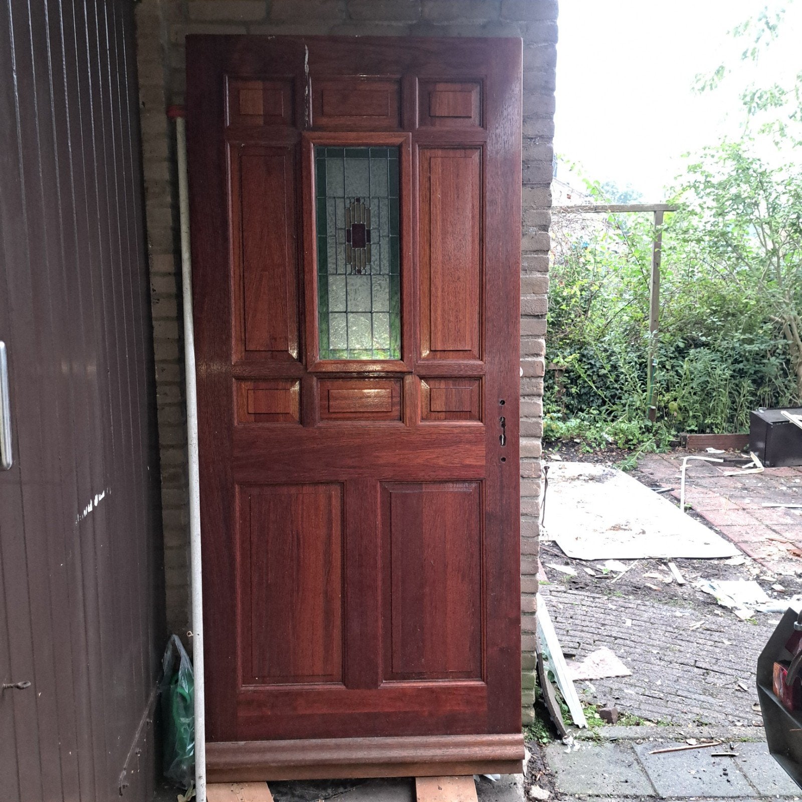 Mooie hardhouten voordeur met glas in lood, Ophalen, 80 tot 100 cm, 200 tot 215 cm, Glas