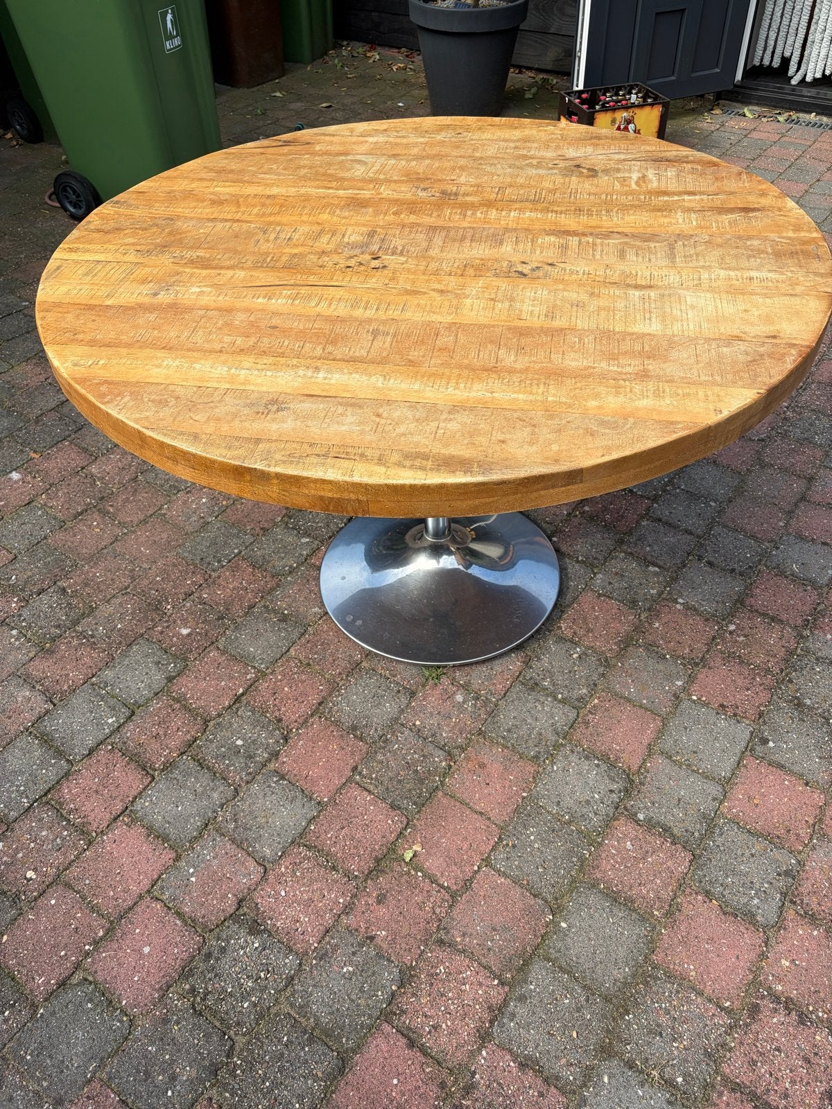 Ronde tafel met mangohouten blad en vintage onderstel, Ophalen, Gebruikt, 100 tot 150 cm, Rond