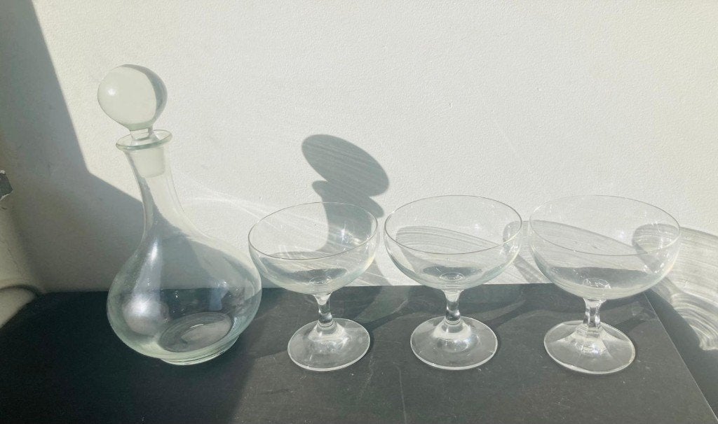 Karaf met 3 champagne coupe glazen kristal set, Ophalen, Glas of Glazen, Overige stijlen, Glas