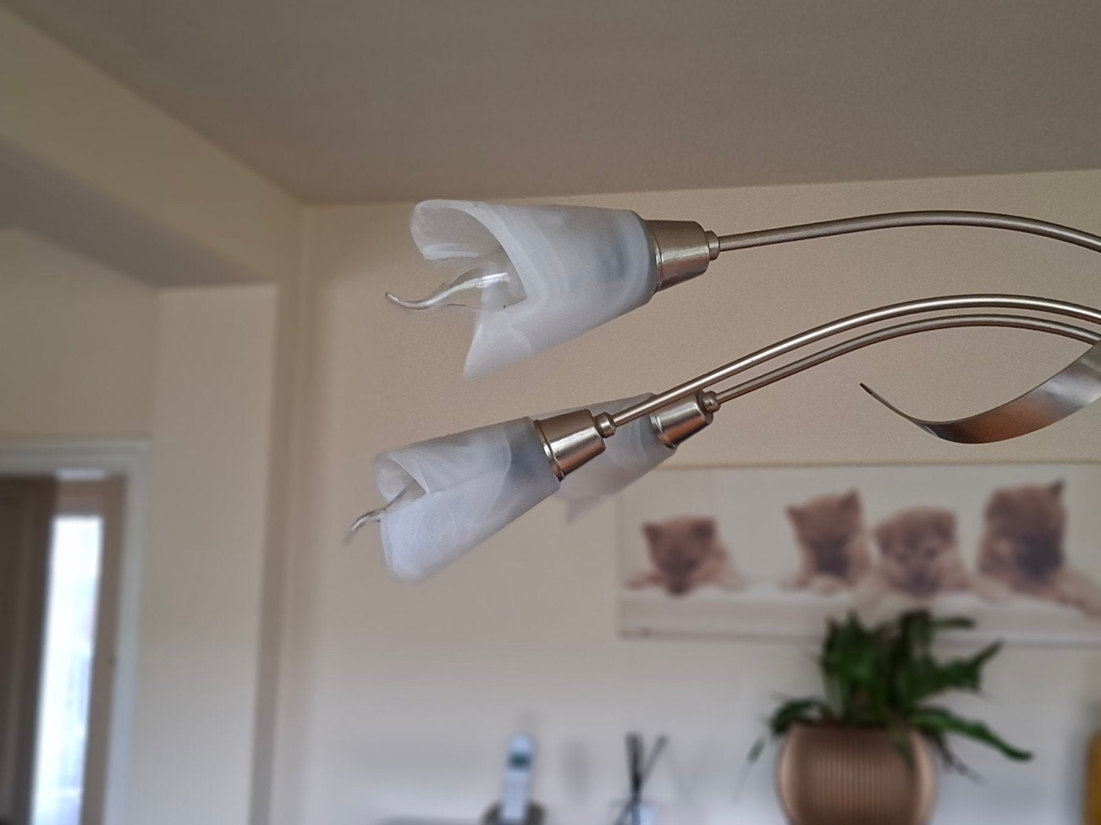 Moderne hanglamp met 8 armen en glazen kappen, Ophalen, E14 (klein), Zo goed als nieuw, Glas