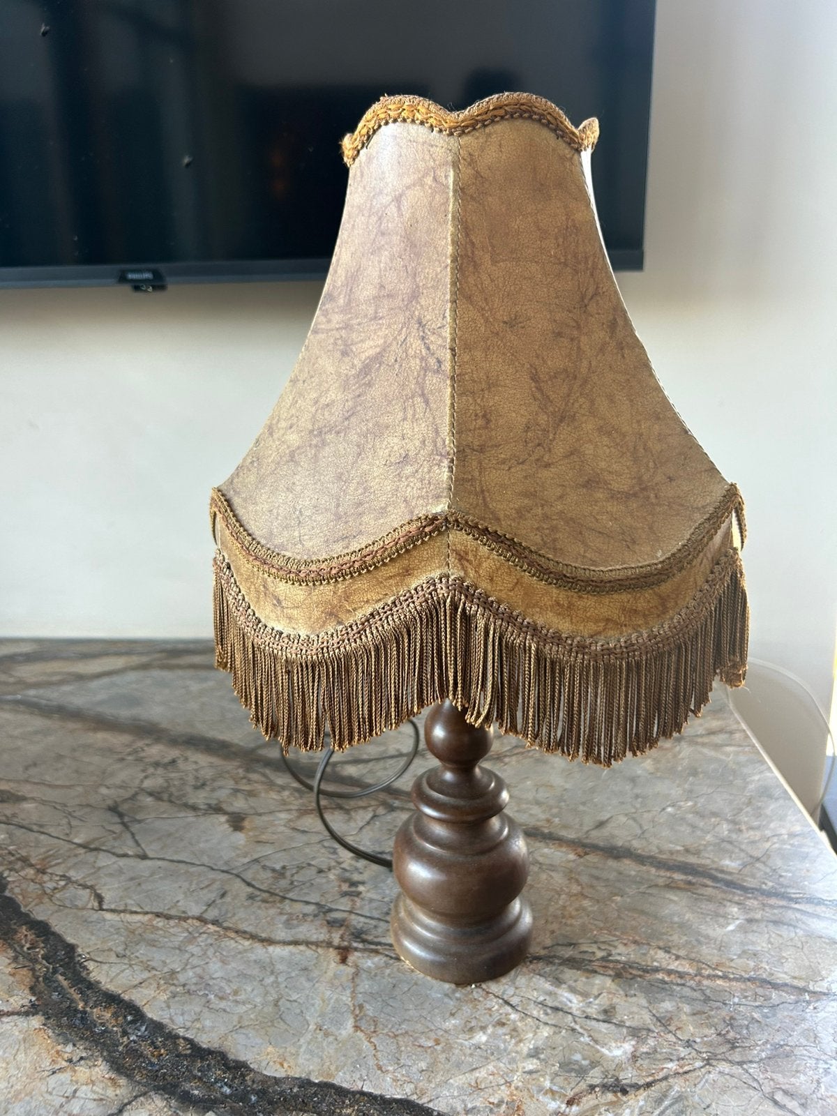 Vintage tafellamp met franjes, Ophalen of Verzenden, Zo goed als nieuw, Bruin, Rond