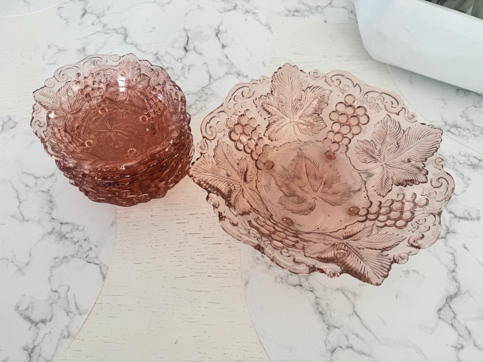 Antieke roze kristallen schaal met 6 kleine schaaltjes, Ophalen of Verzenden