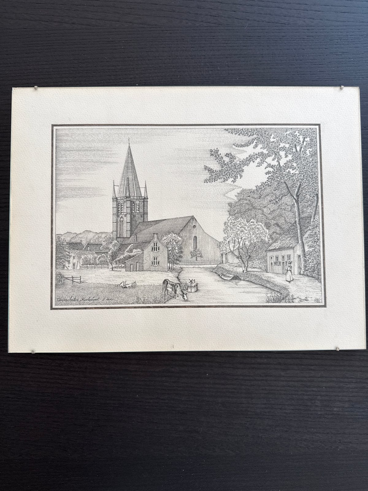 Voorschoten, Kerksloot, Oude ets van kerk, gesigneerd, Ets, Ophalen of Verzenden, Gesigneerd, Landschap