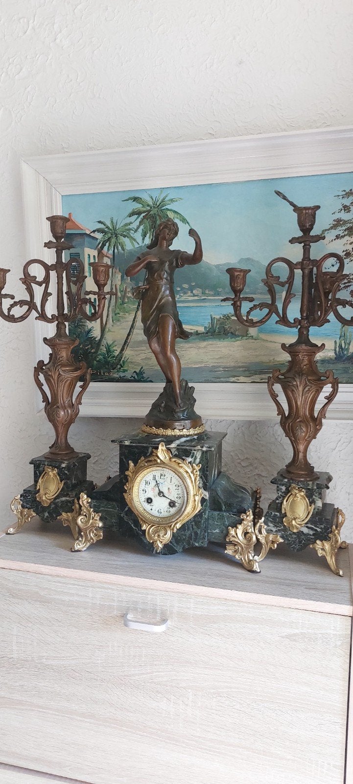 Antieke Franse Schouwklok met Kandelaars - Marmer & Brons, Antiek en Kunst, Ophalen of Verzenden