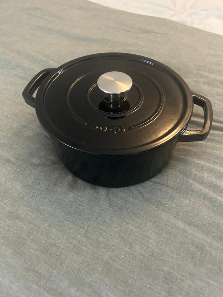 Ducq zwarte gietijzeren braadpan met deksel, Ophalen, Zo goed als nieuw, Koekenpan of Braadpan, Gietijzer
