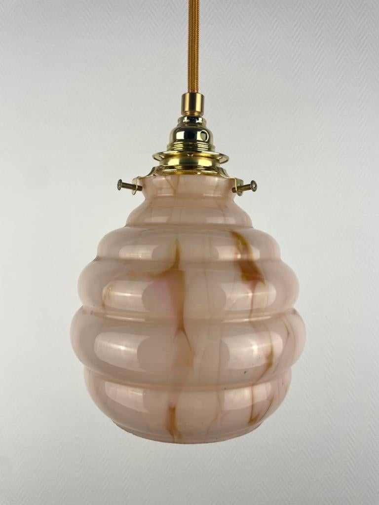 Vintage roze hanglampje (glas) - nieuwe fitting en snoer, Ophalen of Verzenden, Zo goed als nieuw, Glas, Minder dan 50 cm