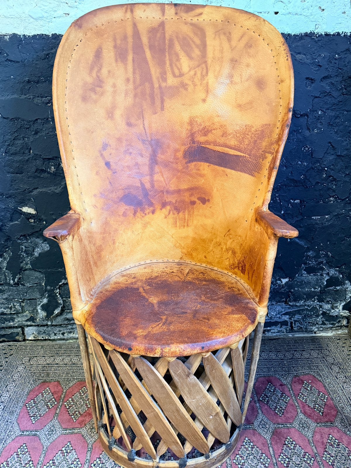 Vintage 70’s Mexicaanse Equipales stoel hout leer fauteuil, Ophalen, Gebruikt, Bruin, Hout
