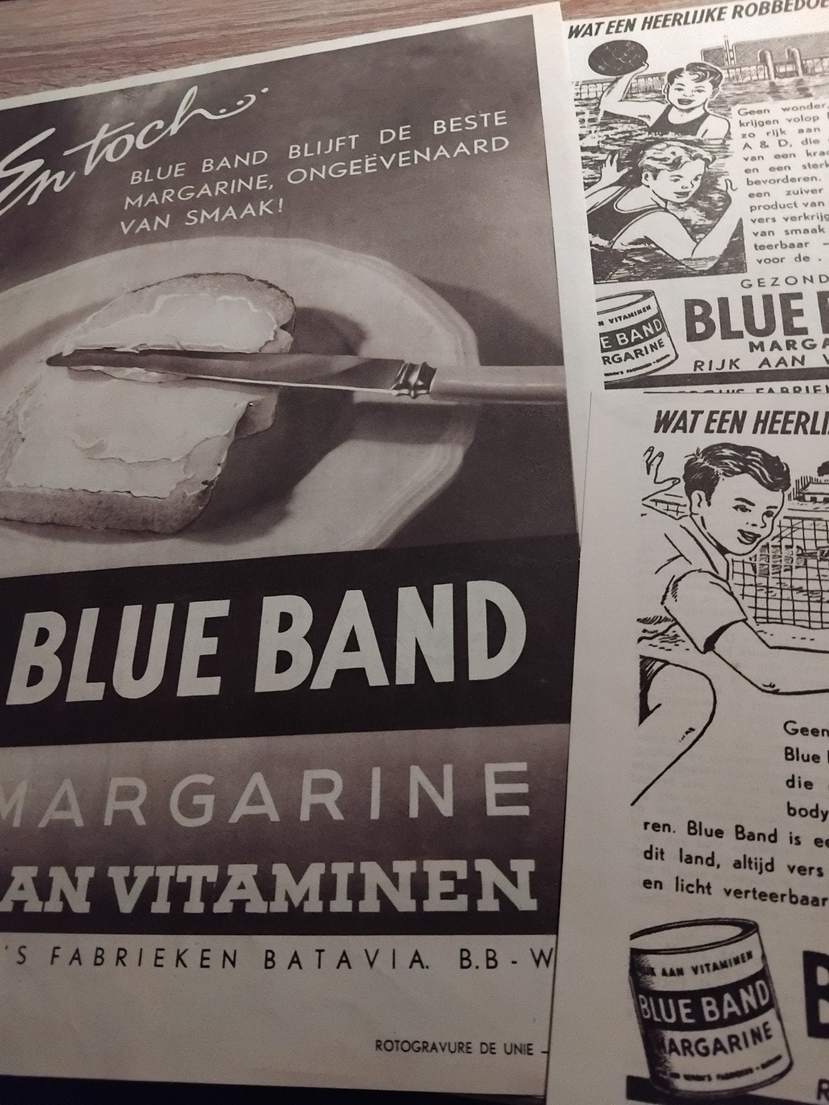 Vintage Blue Band Margarine Advertenties (Jaren '40-'60), Ophalen of Verzenden, 1940 tot 1960, Nederland, Knipsel(s)