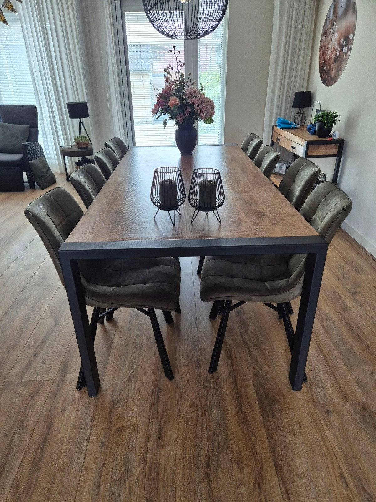 Set 8 mooie stoelen olijfgroene en lamalux eettafel 220x100, Huis en Inrichting, Complete eetkamers, Ophalen, Gebruikt, 4 tot 6 stoelen