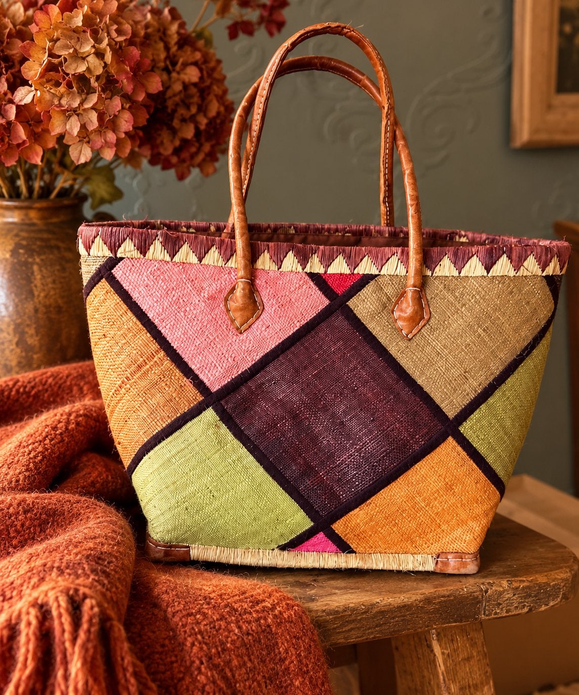 Kleurrijke gevlochten shopper – boho / Ibiza / herfsttas, Ophalen of Verzenden, Zo goed als nieuw, Groen, Shopper