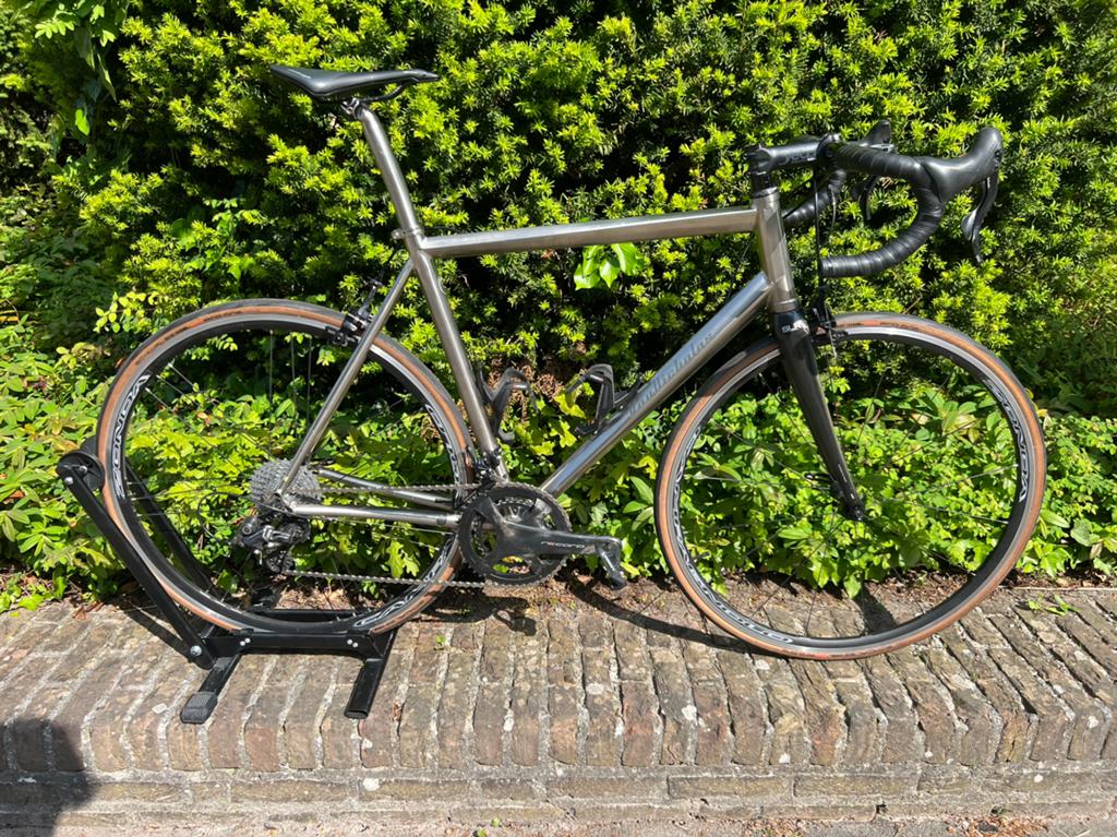Titanium Van Nicholas racefiets, maat 58, Campagnolo Record, Velgrem, Zo goed als nieuw, 57 tot 61 cm, Meer dan 20 versnellingen