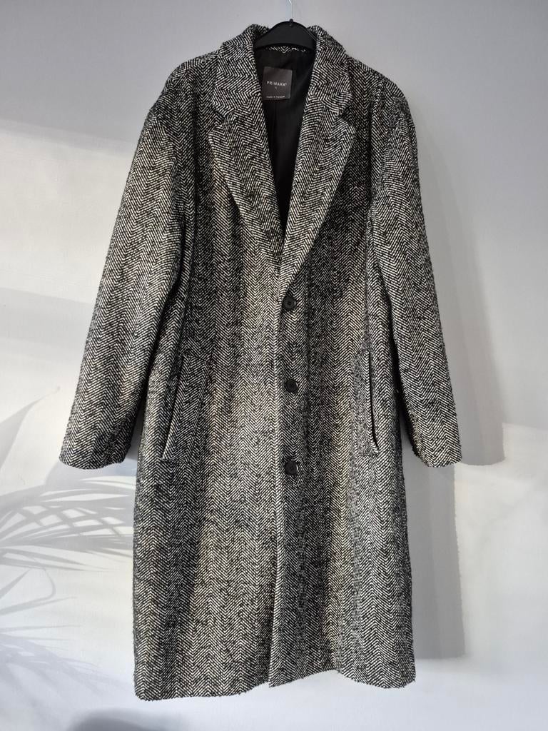 Primark Zwart-witte Herringbone Jas Maat L, Kleding | Heren, Jassen | Winter, Ophalen of Verzenden, Zo goed als nieuw, Zwart