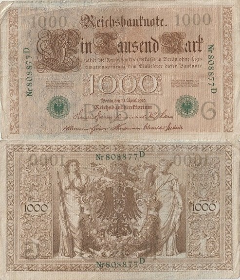 DUITSE RIJK 1910 1000 mark #45a VG, Verzenden, Duitsland, Los biljet