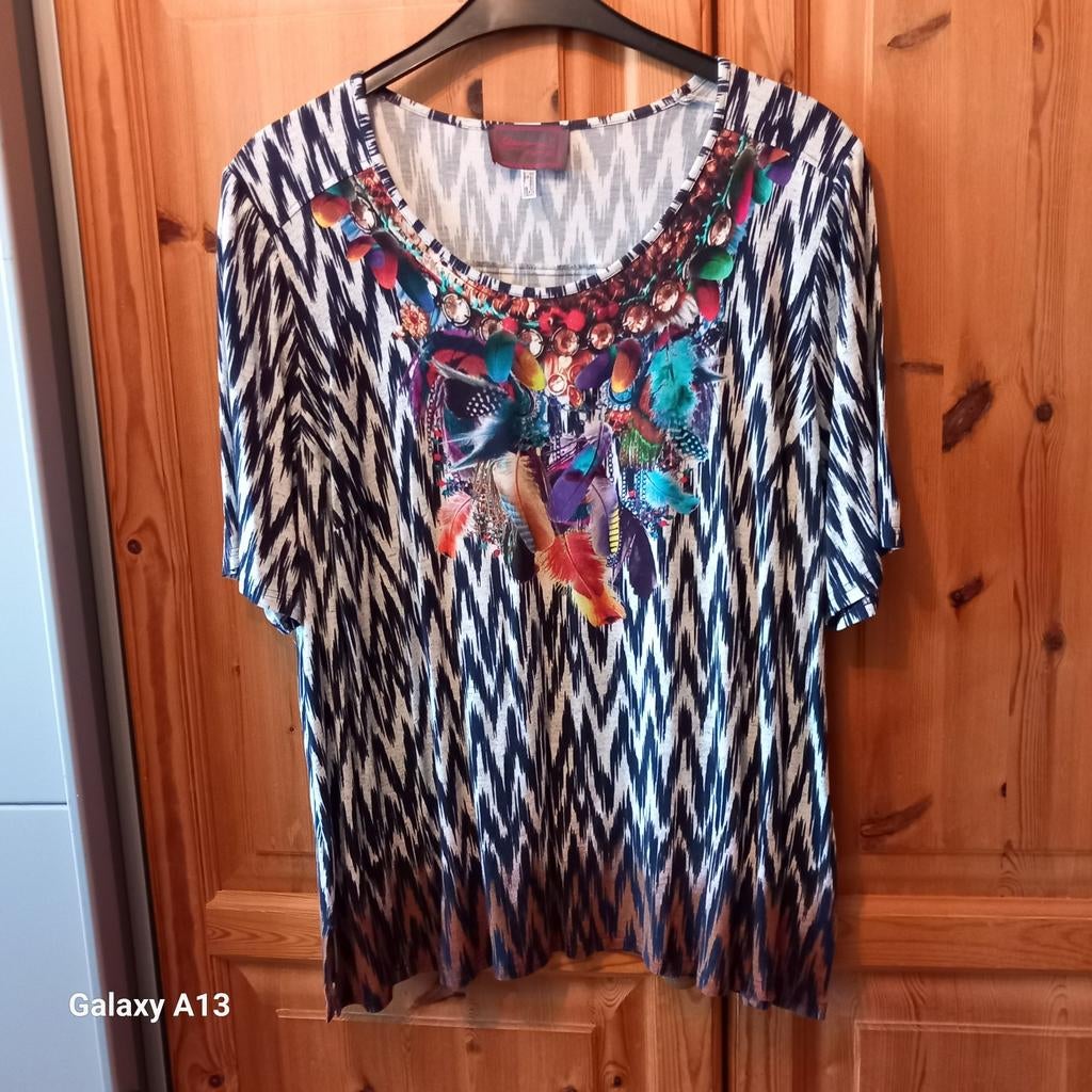 Sempre Piu by Chalou shirt met verenprint, maat 46/48 (XL), Overige kleuren, Sempre Piu by Chalou, Maat 46/48 (XL) of groter, Ophalen of Verzenden