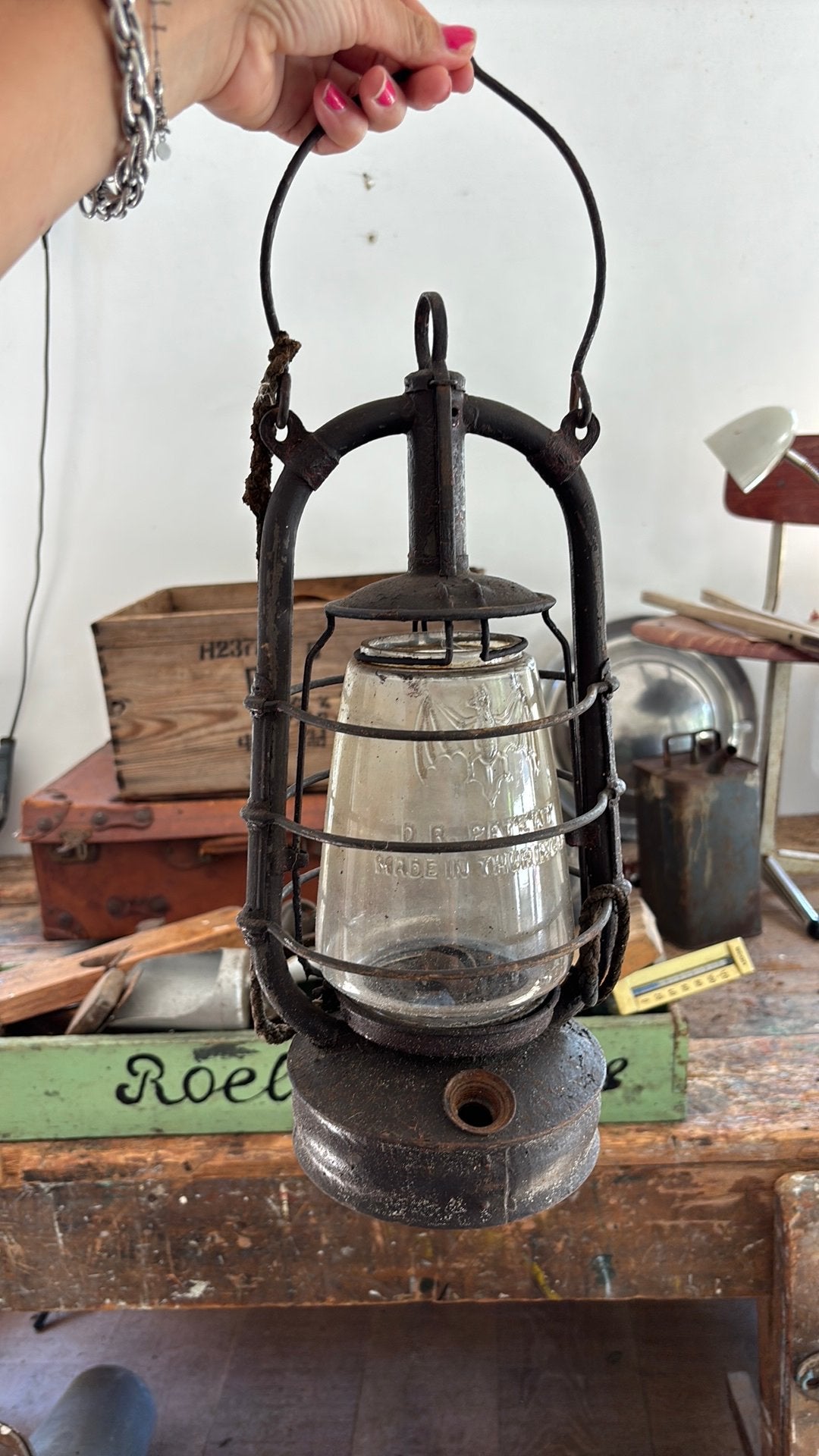 Oude lantaarn olielamp d.r. Patent made in thuringia, Antiek en Kunst, Ophalen of Verzenden