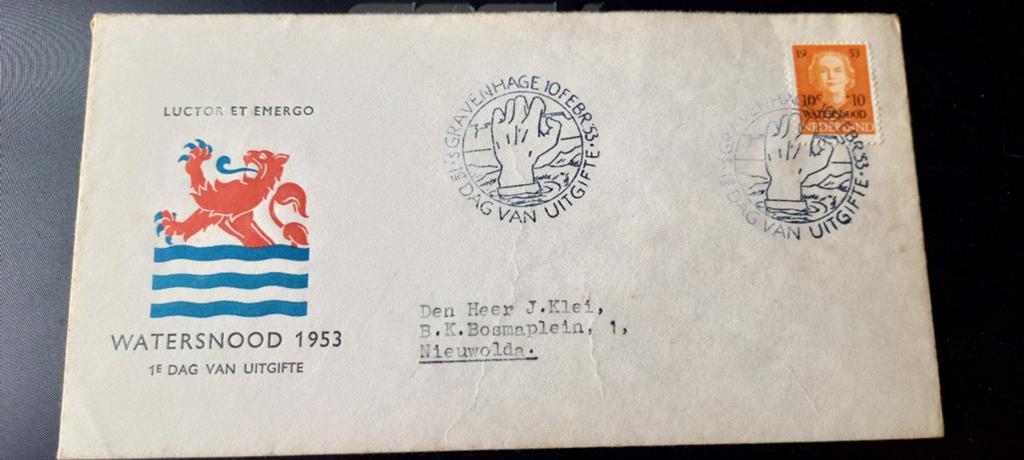 Eerste dag uitgifte watersnood 1953, Postzegels en Munten, Ophalen, Beschreven, Nederland
