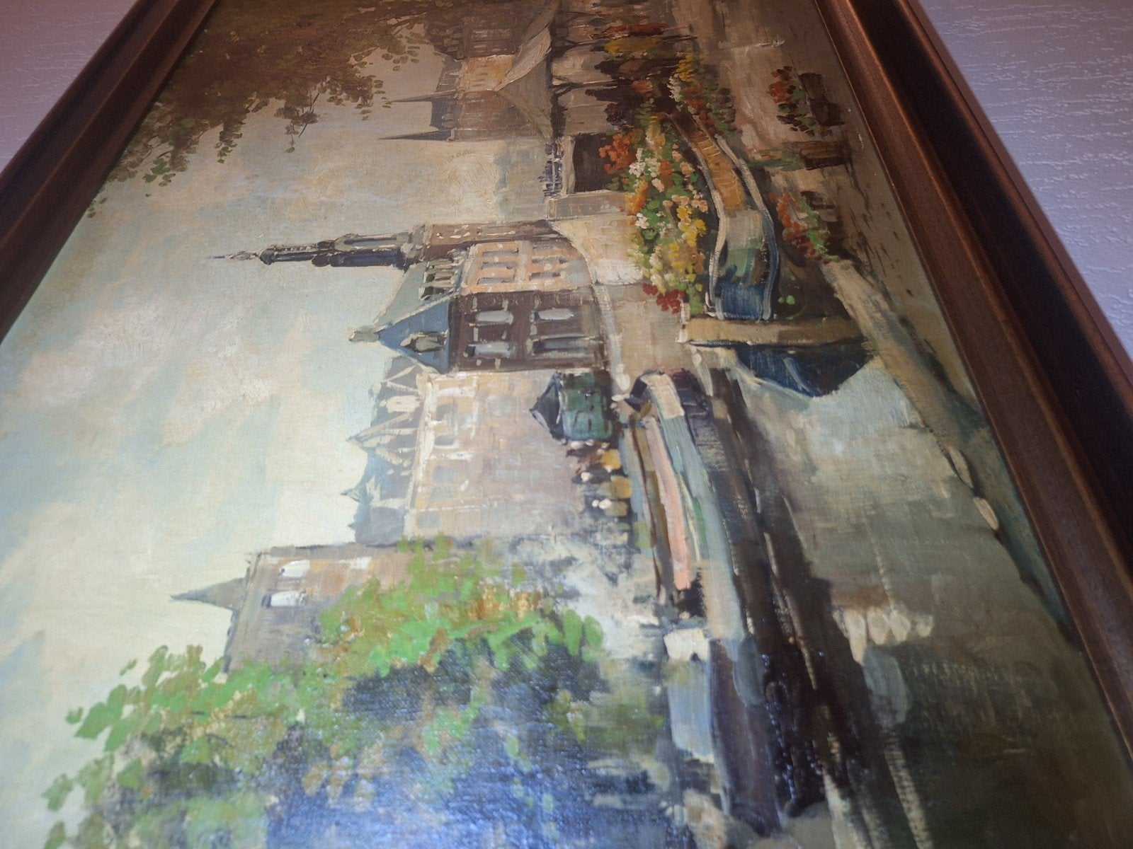Olieverfschilderij Stadsgezicht met Bloemenmarkt, Antiek en Kunst, Doek, Ophalen of Verzenden, Olieverf, Klassiek
