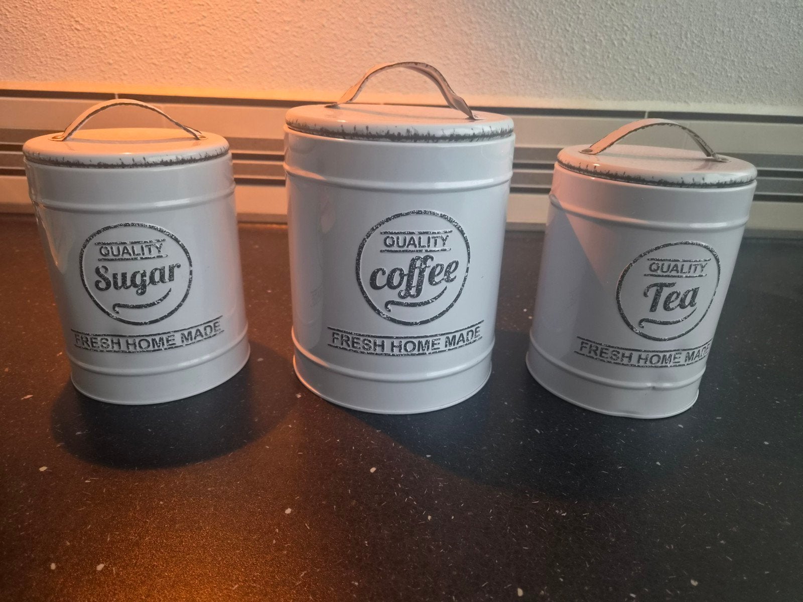 Voorraadblikken set 3-delig voor koffie, thee, suiker, Ophalen, Gebruikt, Voorraadpot, Metaal