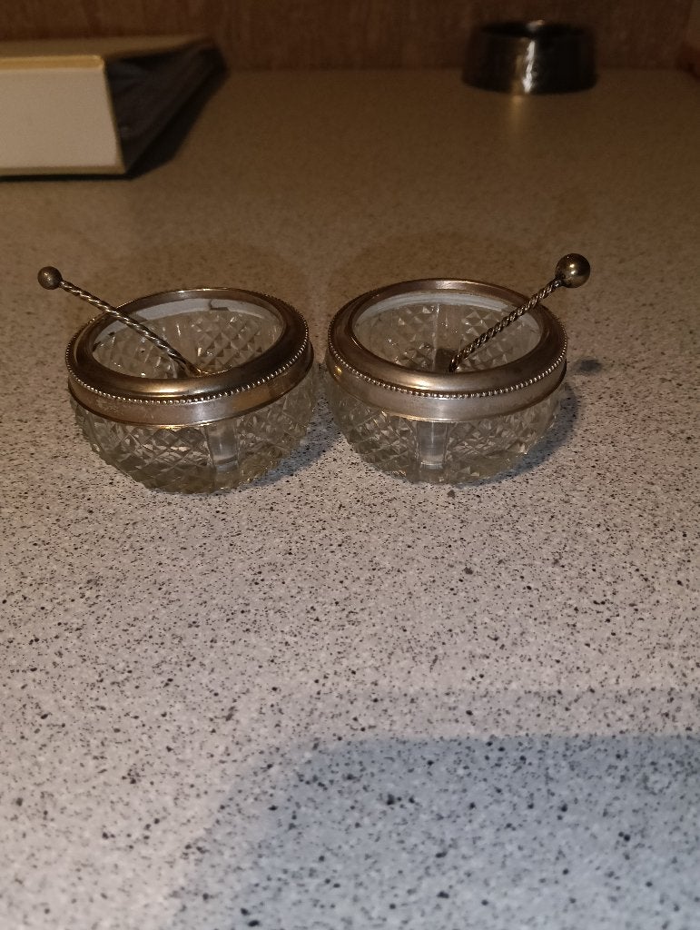 Set van 2 Antieke Zoutvaatjes met Lepeltjes, Ophalen of Verzenden