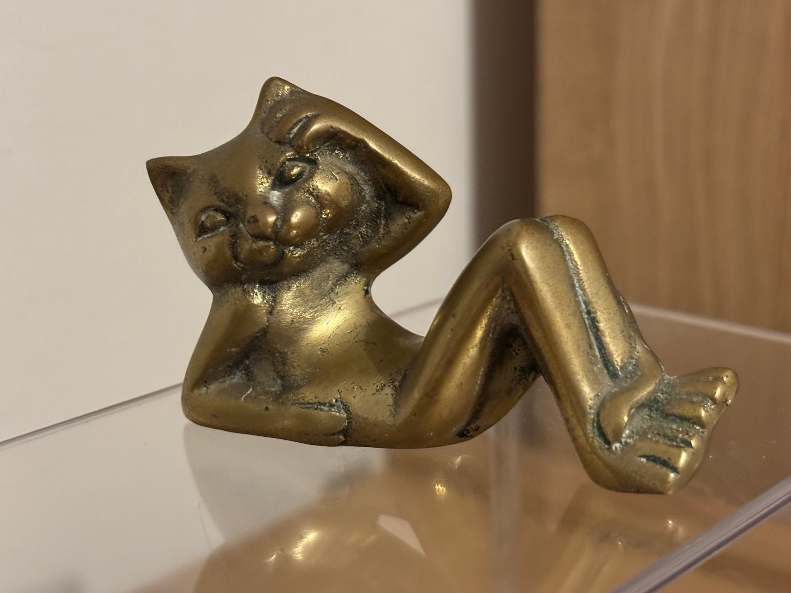 messing kat poes vintage beeldje klein retro 60s 70s cat, Ophalen, Huis en Inrichting