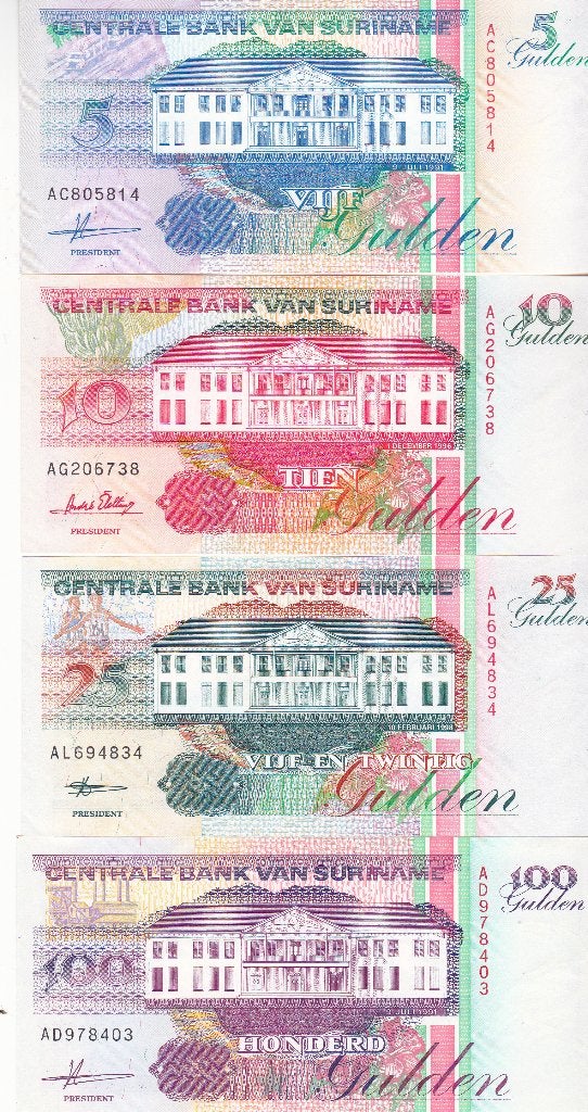 SURINAME 50 JAAR ONAFHANKELIJK   5 - 10 - 25 - 100 GULDEN, Postzegels en Munten, Bankbiljetten | Nederland, Ophalen of Verzenden