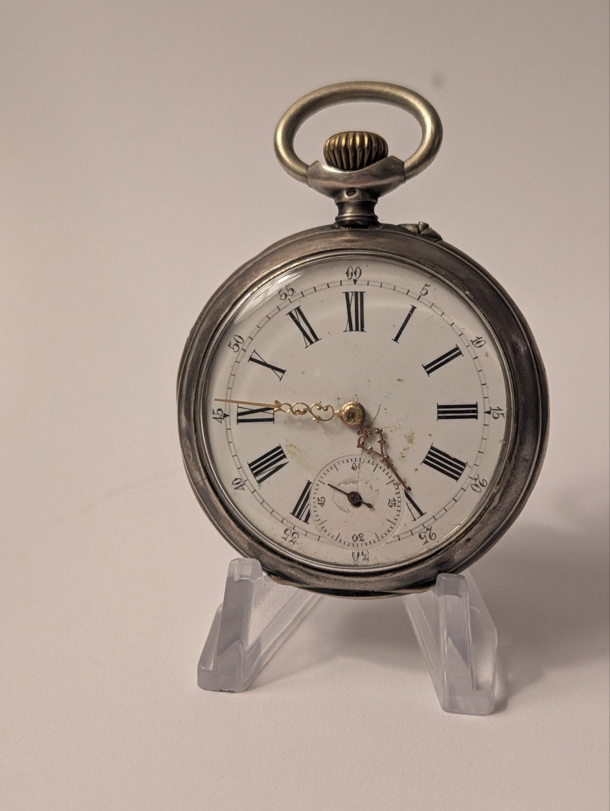 Antiek Zakhorloge - Zilverkleurig met Romeinse Cijfers, Overige merken, Overige materialen, Zakhorloge, Ophalen of Verzenden